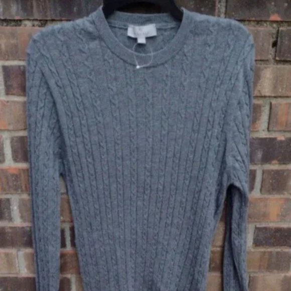 Canali Men’s Gray Wool Sweater L 52 New Cable Knit Stripe Trim Pullover Italy - Picture 2 of 8
